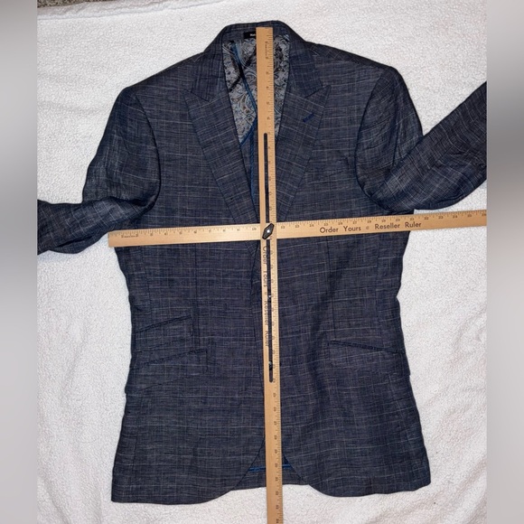 Egara Blue 100% Linen Plaid Windowpane Sport Coat Blazer 42 Long Slim Mens - Picture 11 of 14